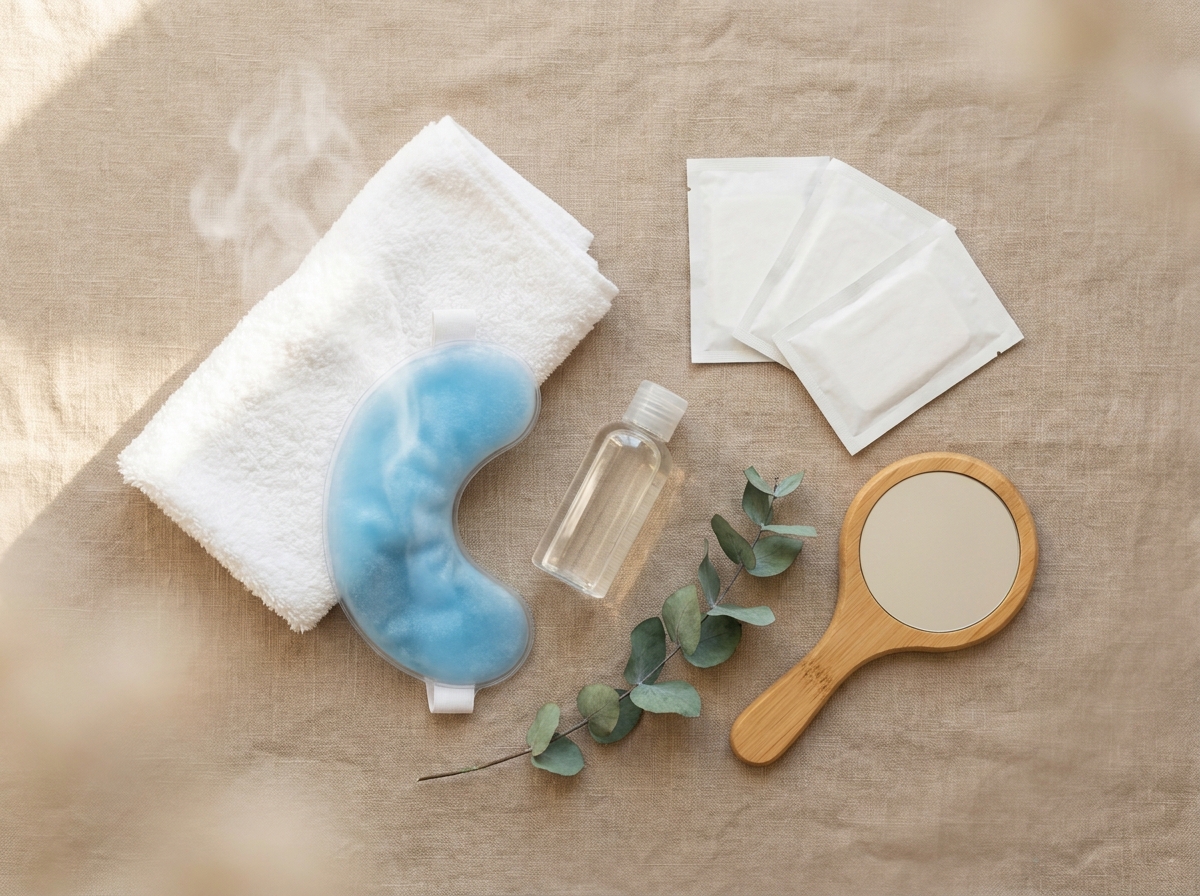 Composition still-life de soins palpébraux : compresse en coton pliée encore tiède, masque chauffant en gel, flacon de solution de nettoyage palpébral et lingettes individuelles posés sur une serviette en lin