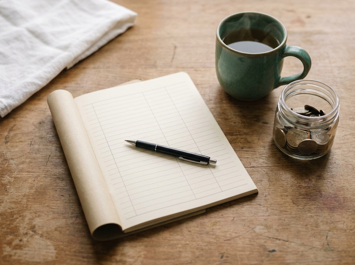 Journal papier ouvert avec colonnes vierges sur un bureau en bois clair, à côté d'un mug de tisane et d'un petit pot en verre rempli de pièces