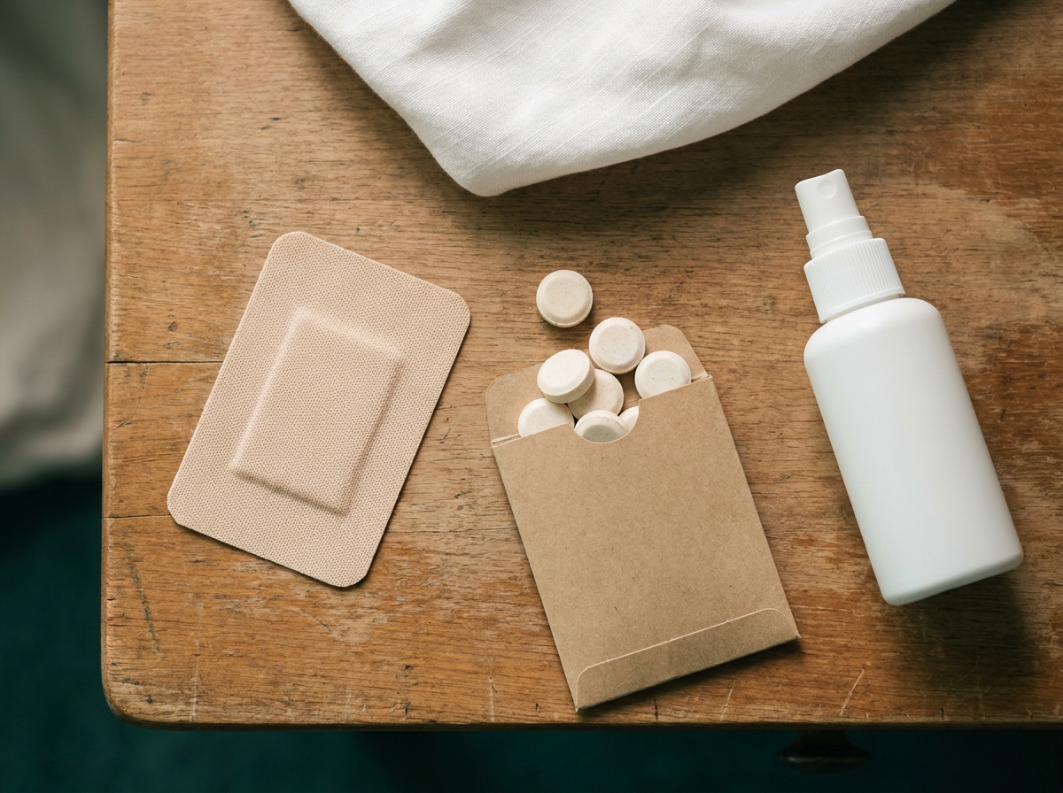 Patch nicotinique adhésif générique posé à côté de gommes à mâcher et d'un spray buccal sur un bureau en bois clair