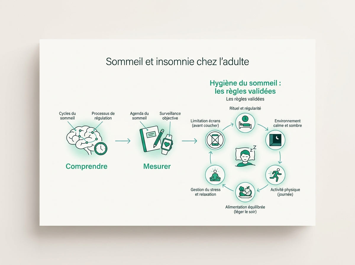 Schéma médical illustrant « Hygiène du sommeil : les règles validées »