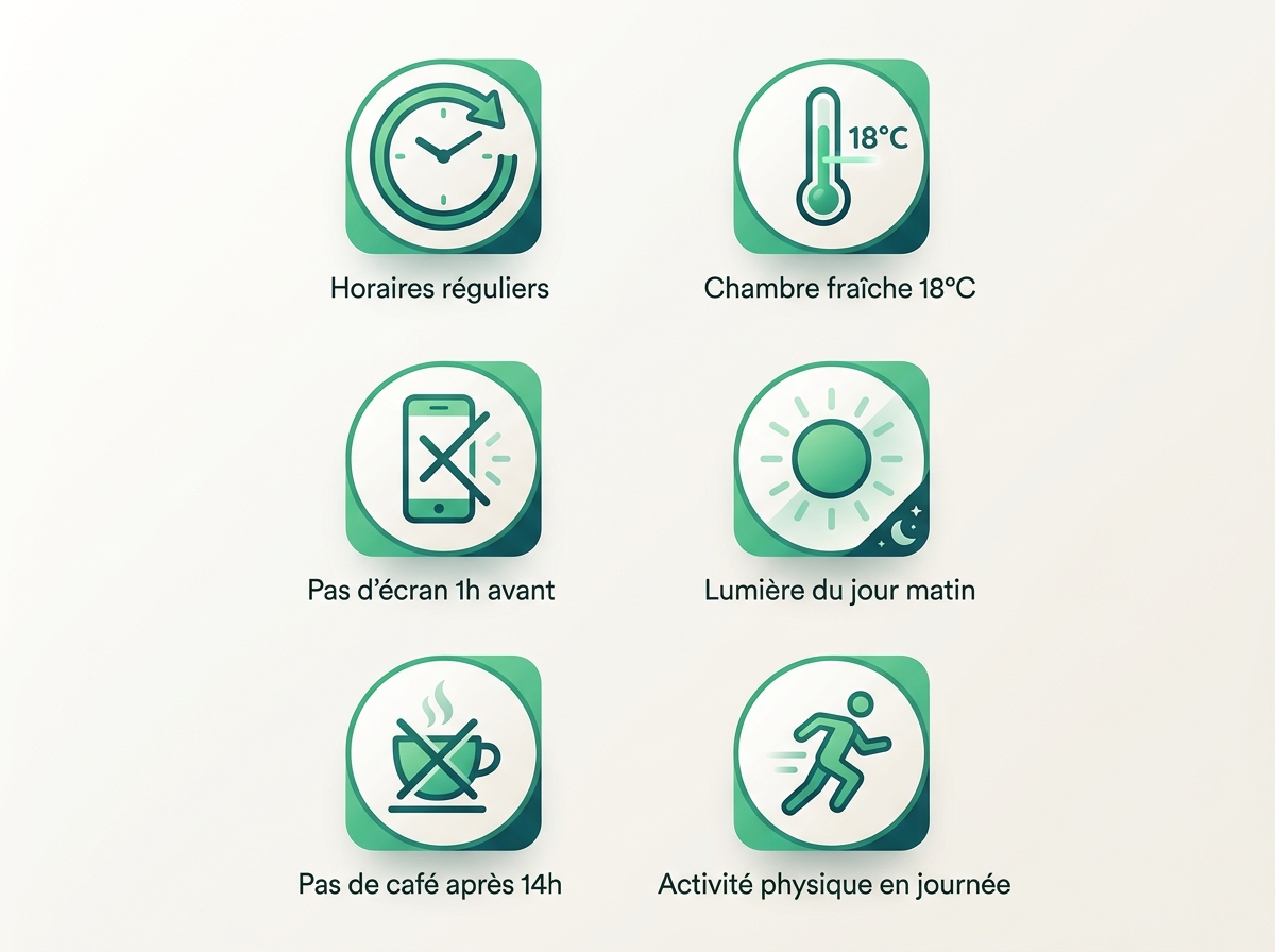 Infographie des règles d'hygiène du sommeil : horaires réguliers, chambre fraîche, écrans, lumière, café