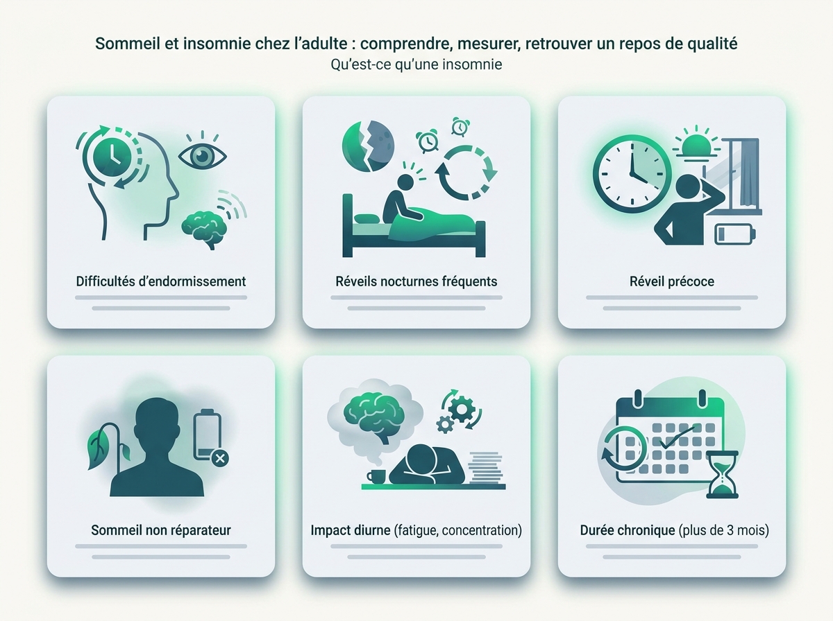 Infographie illustrant les points clés de la section « Qu'est-ce qu'une insomnie »