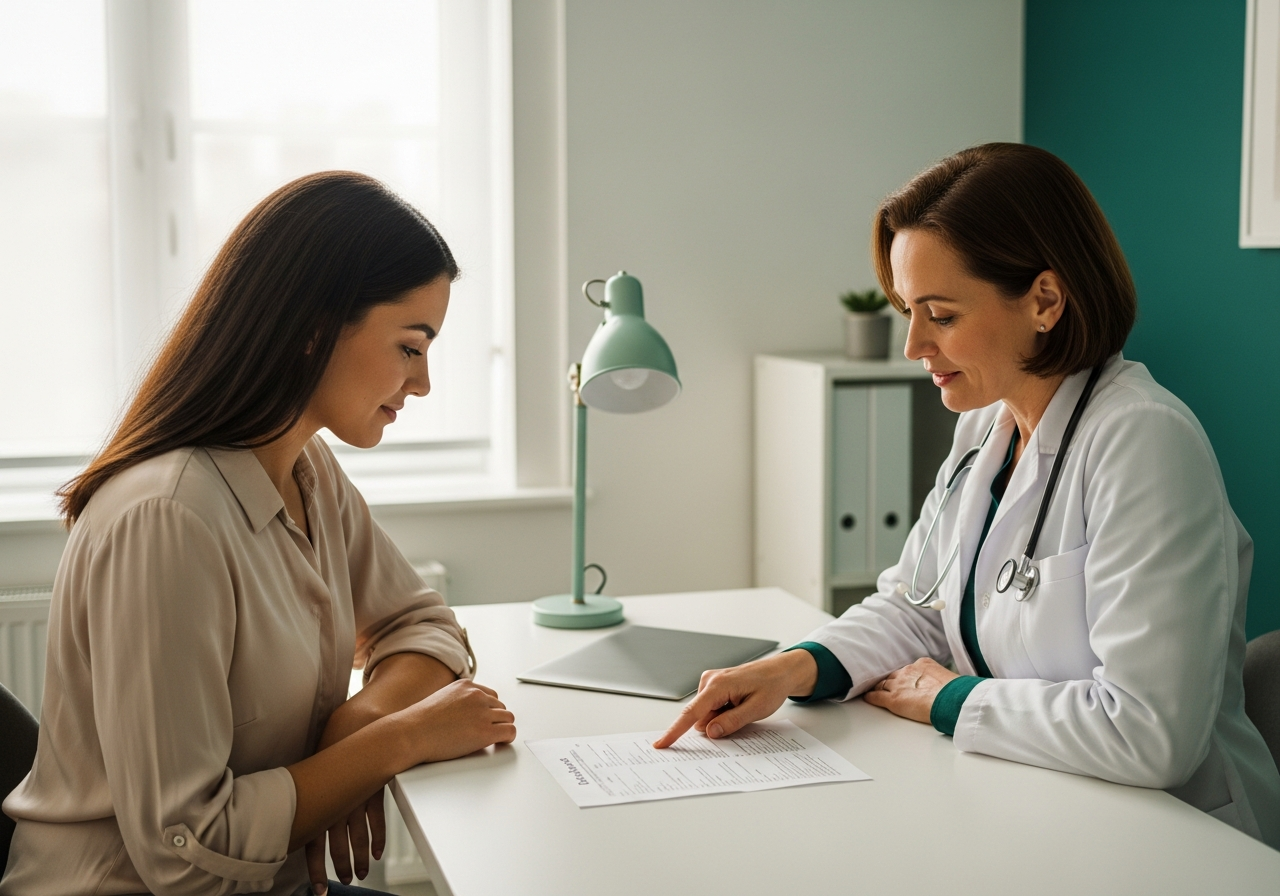 Jeune femme en consultation avec une gynécologue endocrinologue qui étudie ses résultats hormonaux sur un carnet