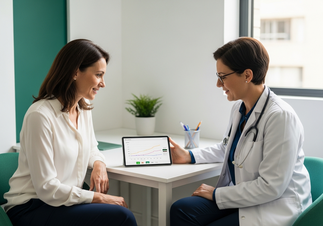 Femme adulte en consultation de suivi avec son endocrinologue, courbes de poids et de glycémie affichées sur un écran