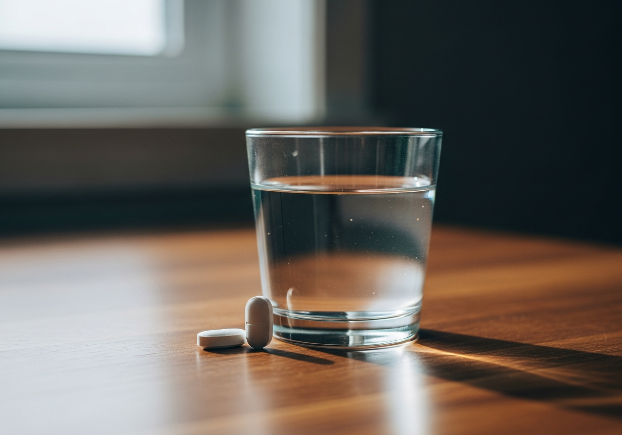 Comprimés de statine et verre d'eau posés sur une table de cuisine en début de matinée