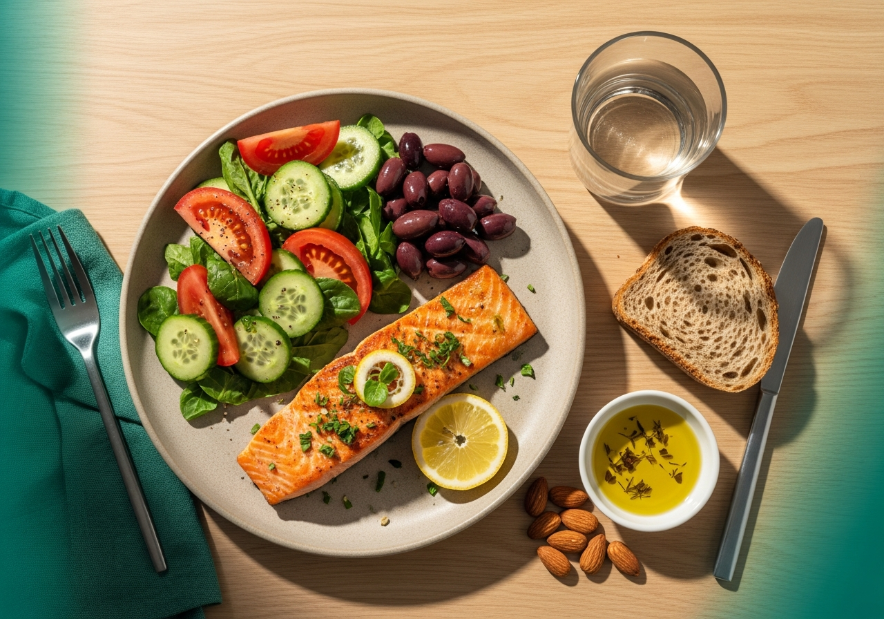 Assiette méditerranéenne complète : saumon grillé, salade de tomates, olives, pain complet, huile d'olive, amandes