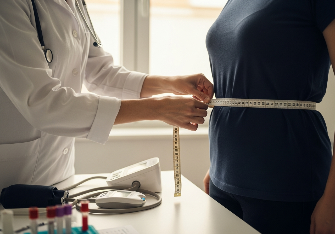 Adulte réalisant un bilan métabolique annuel — prise de sang, tour de taille au mètre ruban, contrôle de la glycémie