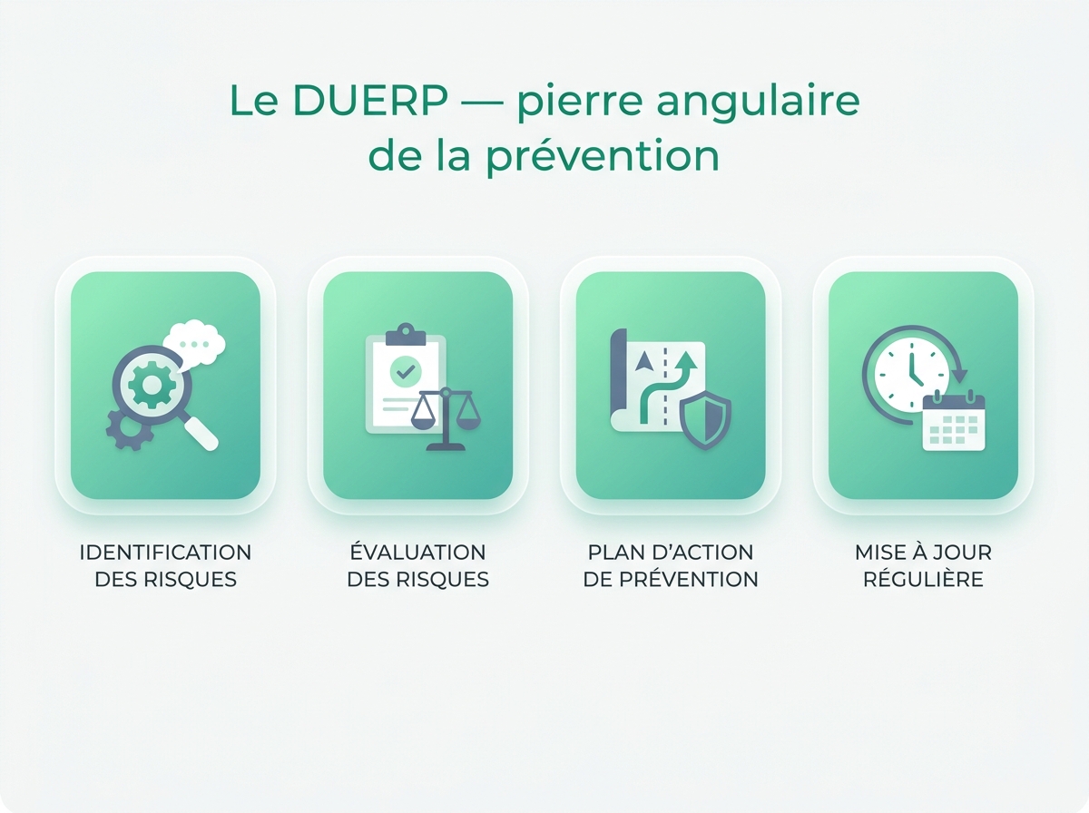 Infographie illustrant les points clés de la section « Le DUERP — pierre angulaire de la prévention »
