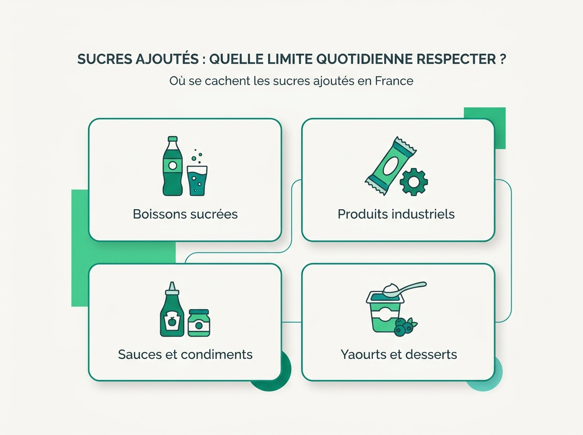 Infographie illustrant les points clés de la section « Où se cachent les sucres ajoutés en France »