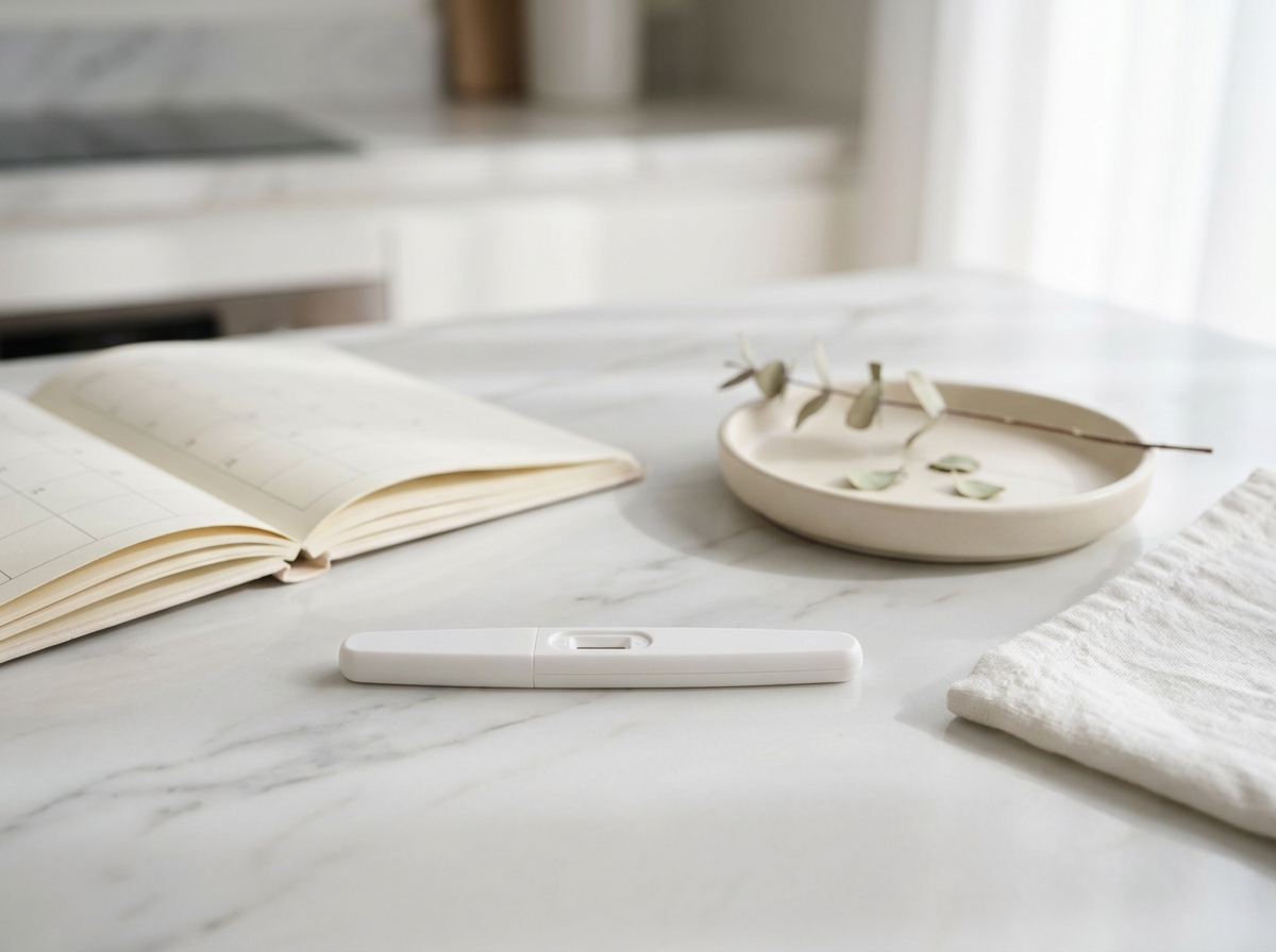 Test de grossesse urinaire générique blanc et un agenda papier ouvert posés sur un plan en marbre clair, lumière matinale douce