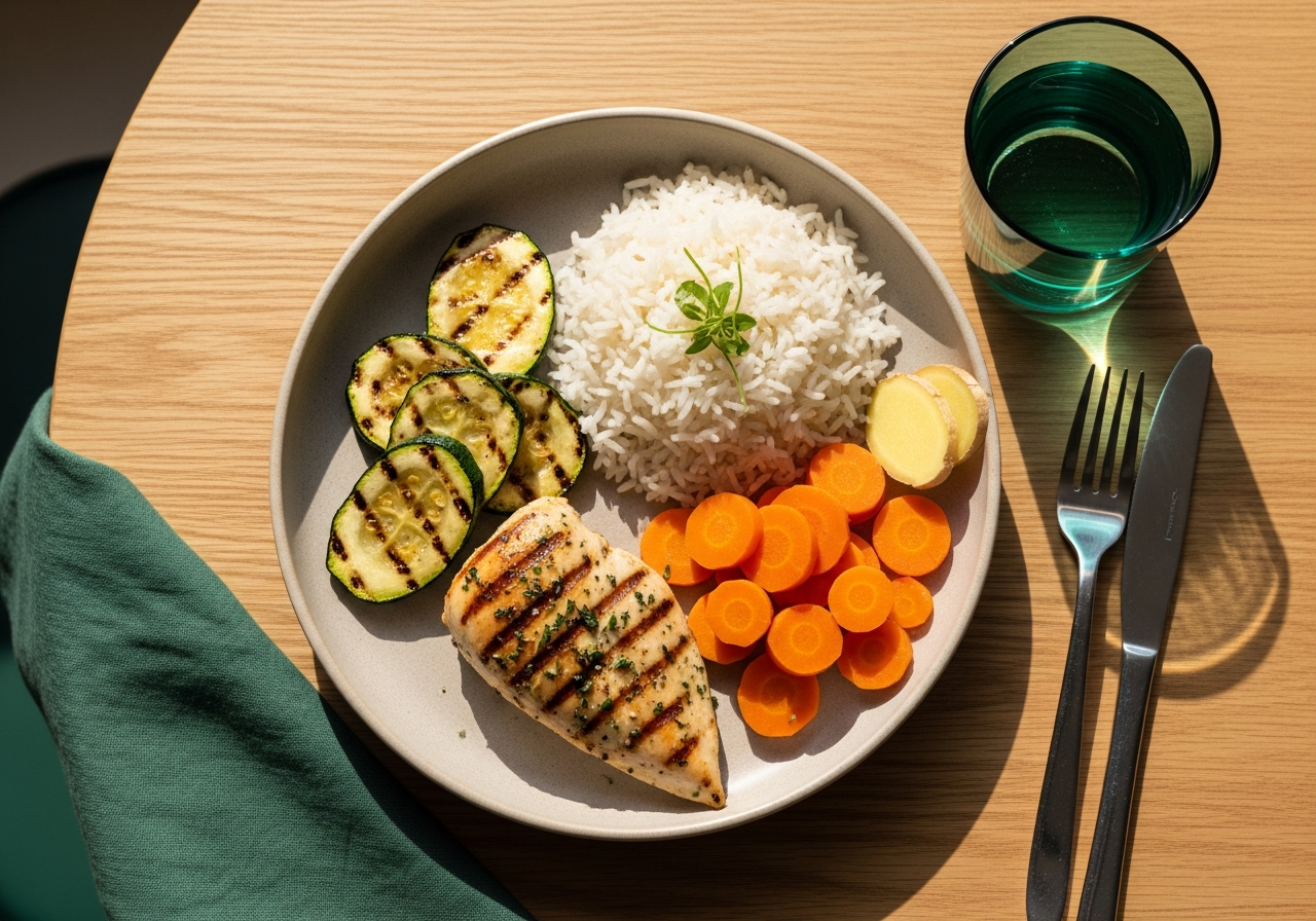 Plateau repas équilibré pour SII : courgettes grillées, blanc de poulet, riz basmati, carottes cuites, eau plate