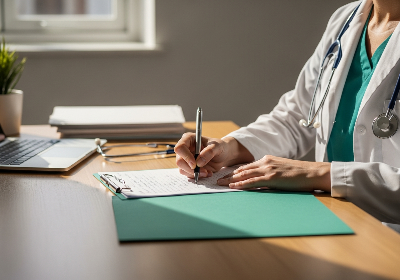 Médecin notant des critères diagnostiques dans un dossier médical lors d'une consultation pour symptômes digestifs