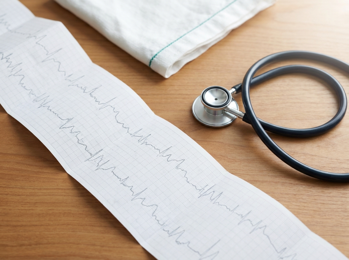 Bande papier d'ECG anonyme avec courbes abstraites, posée à côté d'un stéthoscope sur un bureau en bois clair