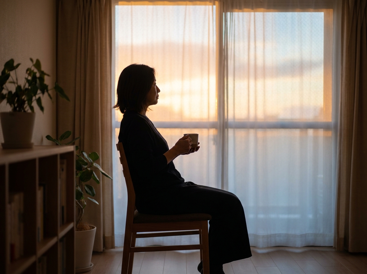 Silhouette d'une femme adulte vue de profil devant une fenêtre baignée de lumière douce, tenant une tasse