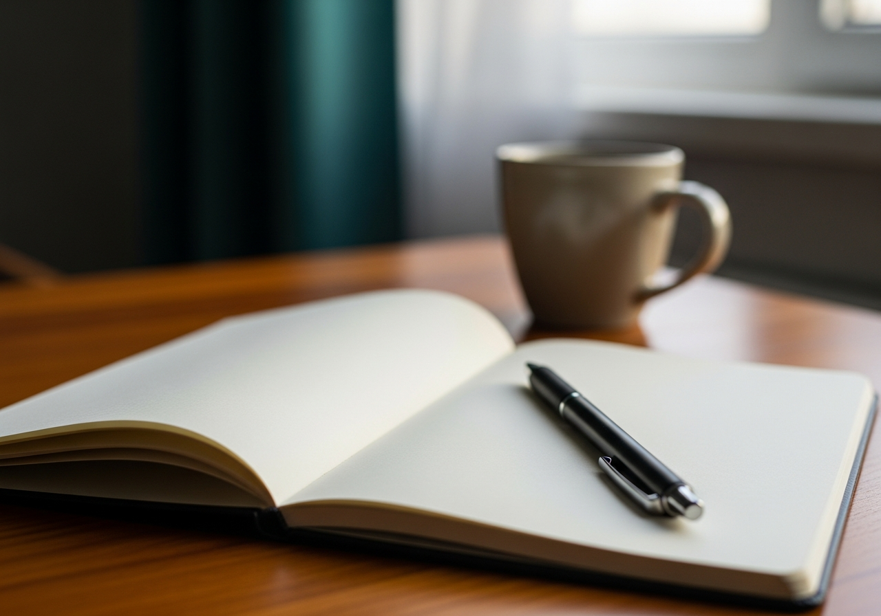 Carnet ouvert et stylo posés sur une table en bois clair, ambiance de travail personnel, lumière de fin de journée
