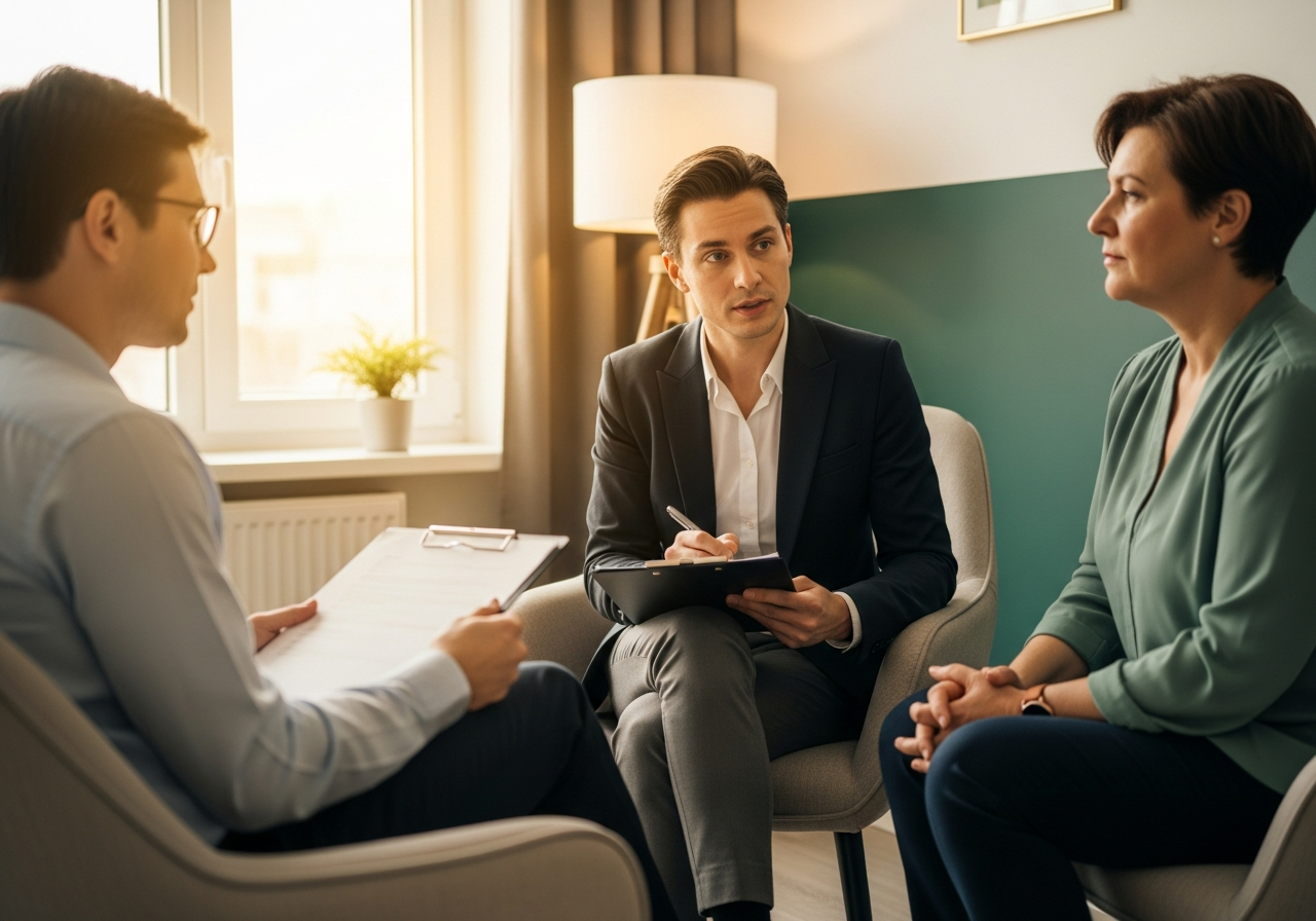 Psychologue en consultation avec une patiente adulte dans un cabinet lumineux, attitude d'écoute active et de collaboration