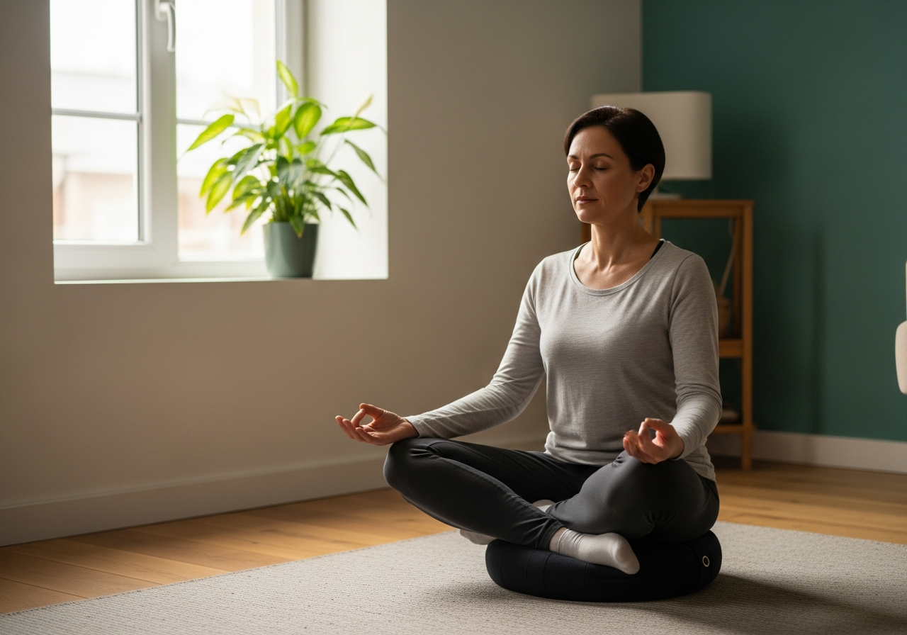 Adulte en méditation de pleine conscience assis sur un coussin dans un salon calme, posture droite, mains posées sur les genoux