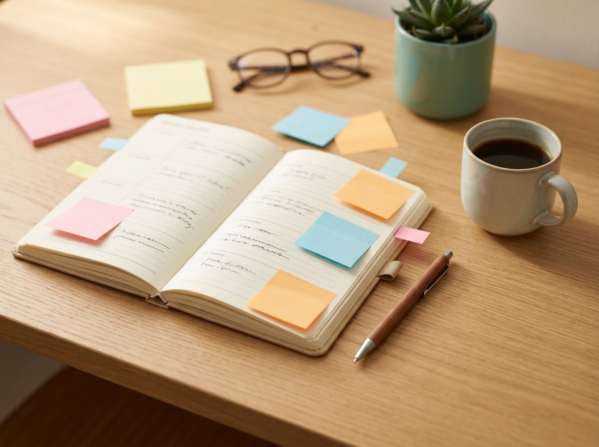 Vue plongeante d'un bureau avec un agenda papier ouvert, des post-it colorés collés, un stylo et une tasse de café — illustration des stratégies d'externalisation pour le TDAH adulte