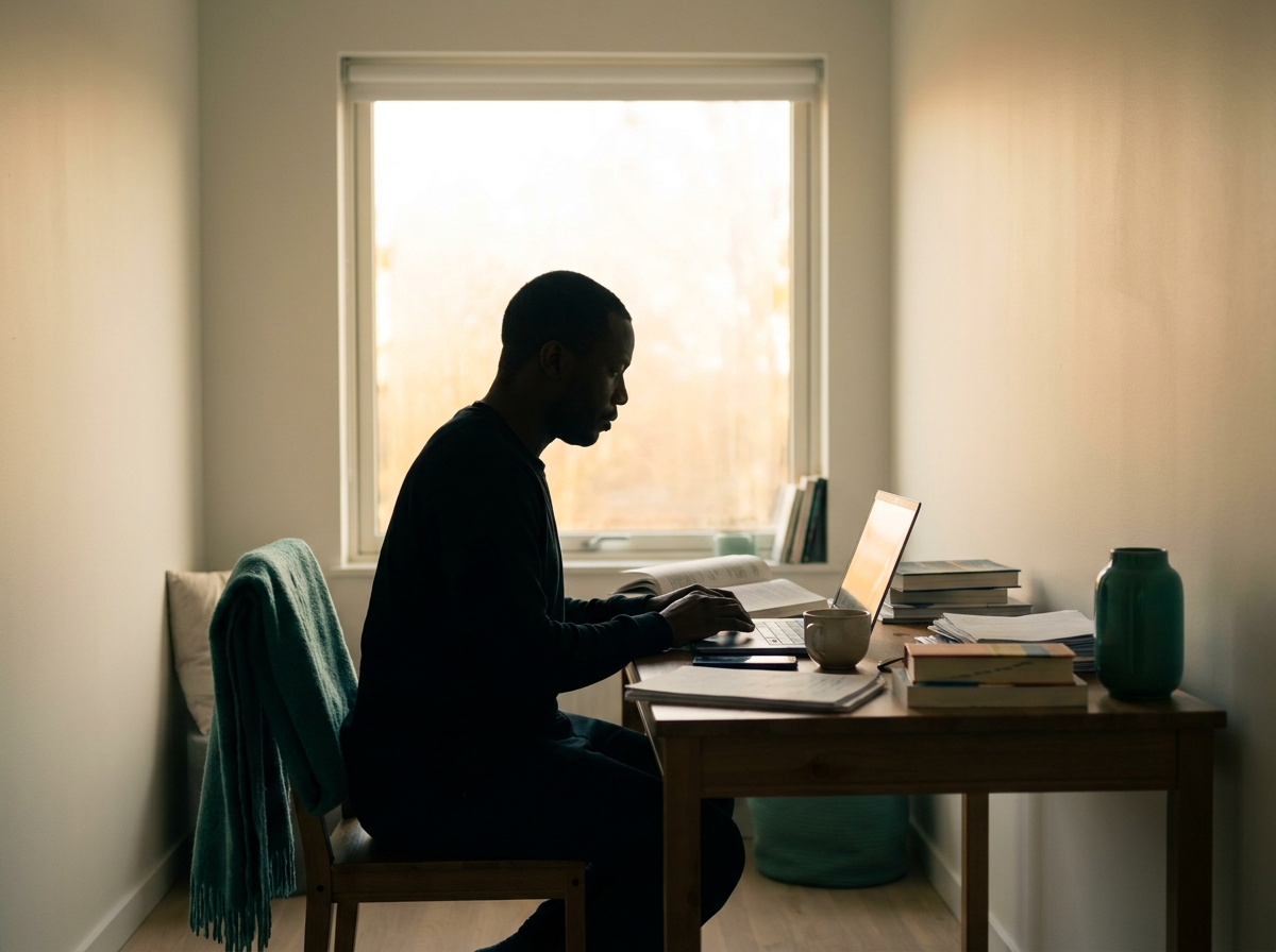 Silhouette d'un adulte assis devant un bureau avec ordinateur ouvert, livres et papiers éparpillés, posture pensive, vue à contre-jour devant une fenêtre