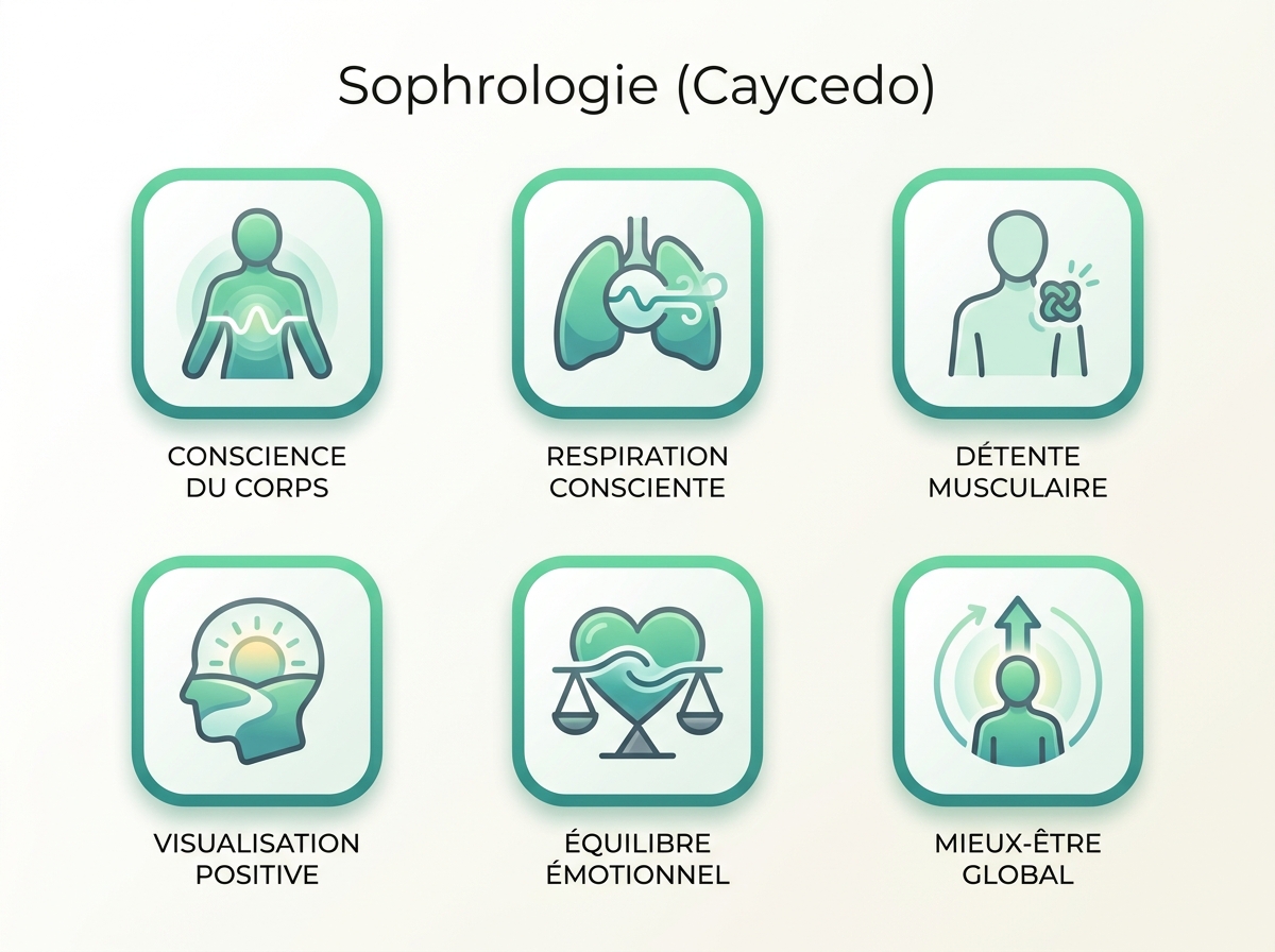 Infographie illustrant les points clés de la section « Sophrologie (Caycedo) »