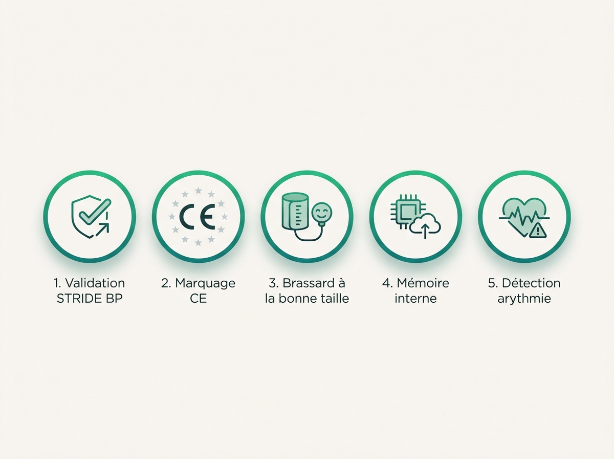 Infographie résumant les cinq critères d'un tensiomètre fiable : validation clinique, marquage CE, brassard adapté, mémoire interne, détection d'arythmie