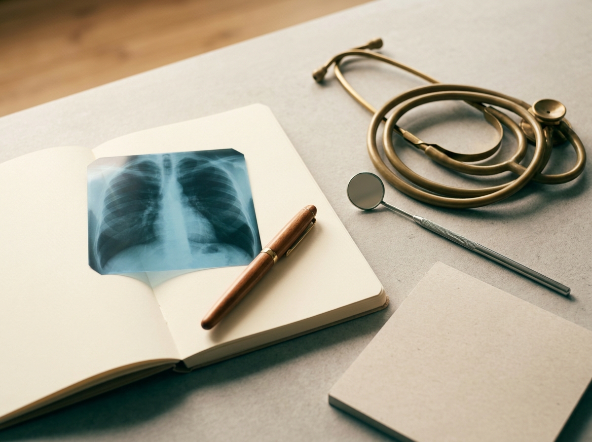 Dossier d'enquête de toux chronique ouvert avec radiographie thoracique, stéthoscope et stylo disposés sur un bureau de consultation en pneumologie