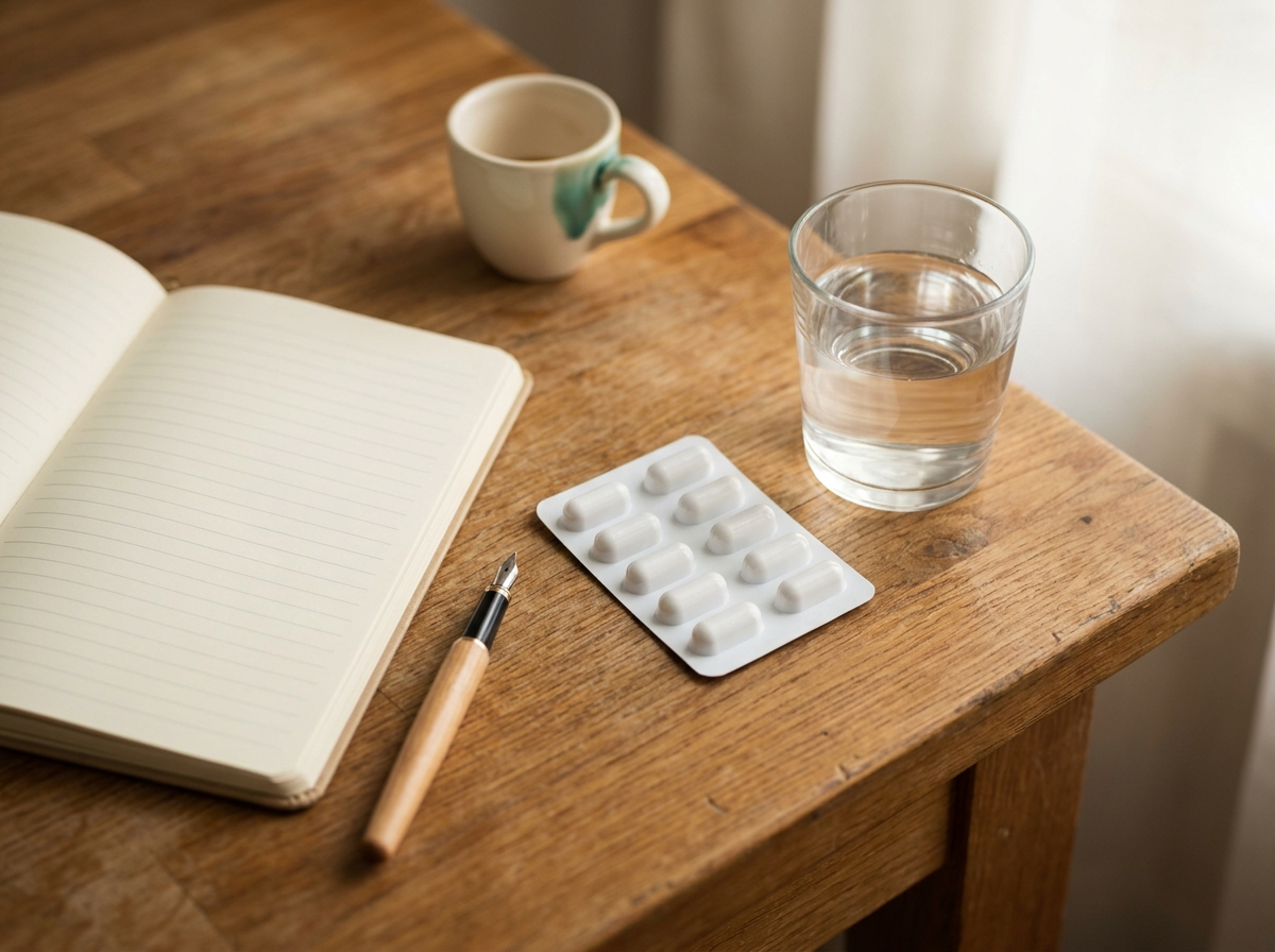 Plaquette de gélules IPP, verre d'eau, carnet de suivi de symptômes et stylo disposés sur une table de cuisine en bois clair