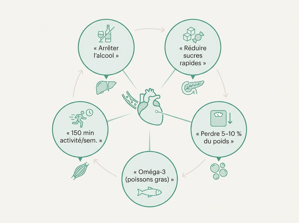 Schéma du plan hygiéno-diététique pour faire baisser les triglycérides : alcool, sucres rapides, poids, oméga-3, activité physique