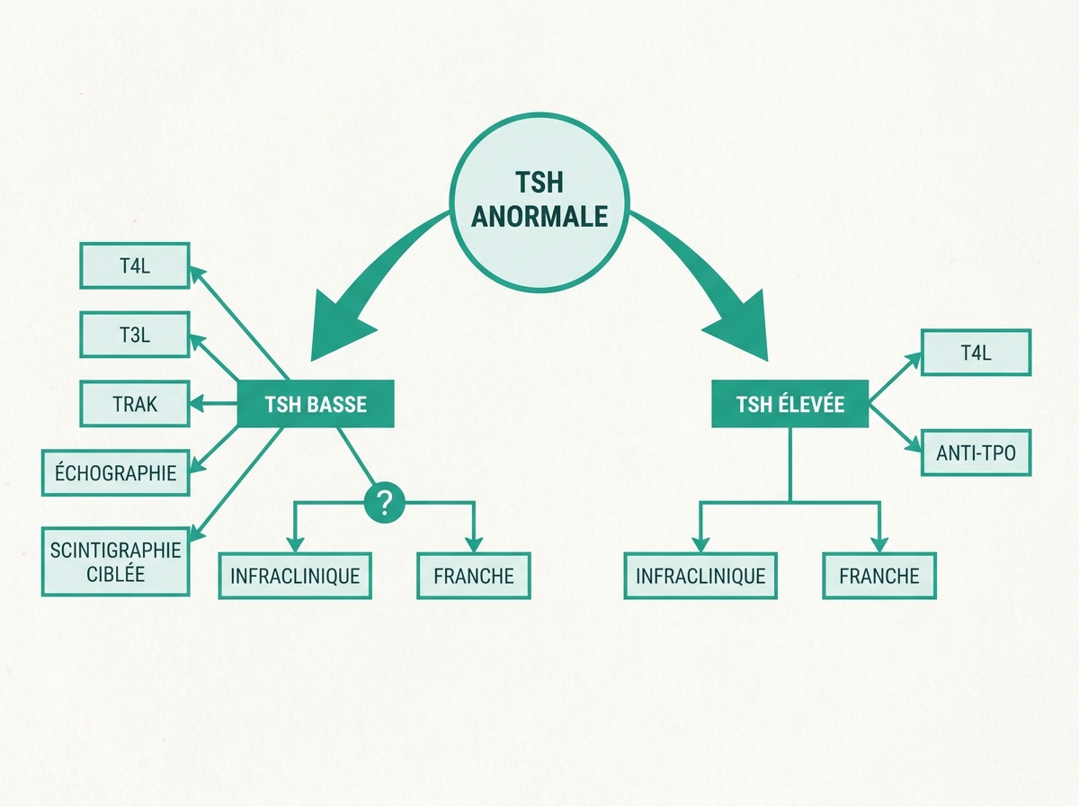 Algorithme diagnostique face à une TSH anormale : T4 libre, anti-TPO, TRAK, échographie selon le contexte