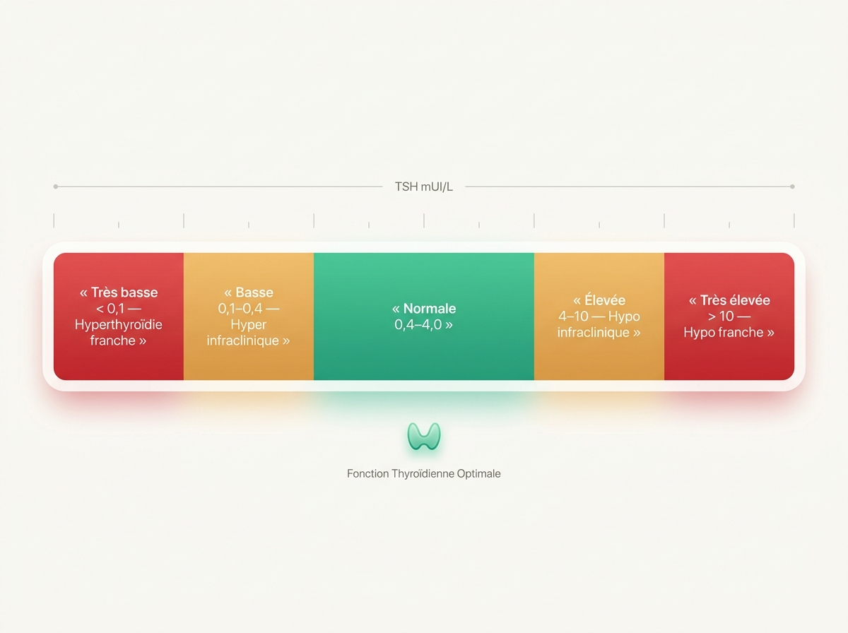 Infographie des zones d'interprétation de la TSH : normale, hypothyroïdie infraclinique, hypothyroïdie franche, hyperthyroïdie infraclinique, hyperthyroïdie franche