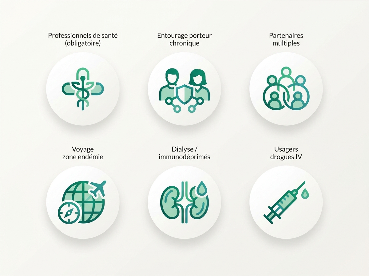 Infographie des indications du vaccin hépatite B chez l'adulte : professionnels de santé, entourage porteur, voyageurs, partenaires multiples, migrants