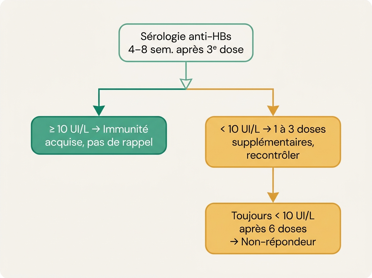 Schéma de décision pour la sérologie anti-HBs post-vaccinale : seuil 10 UI/L, conduite à tenir selon le résultat