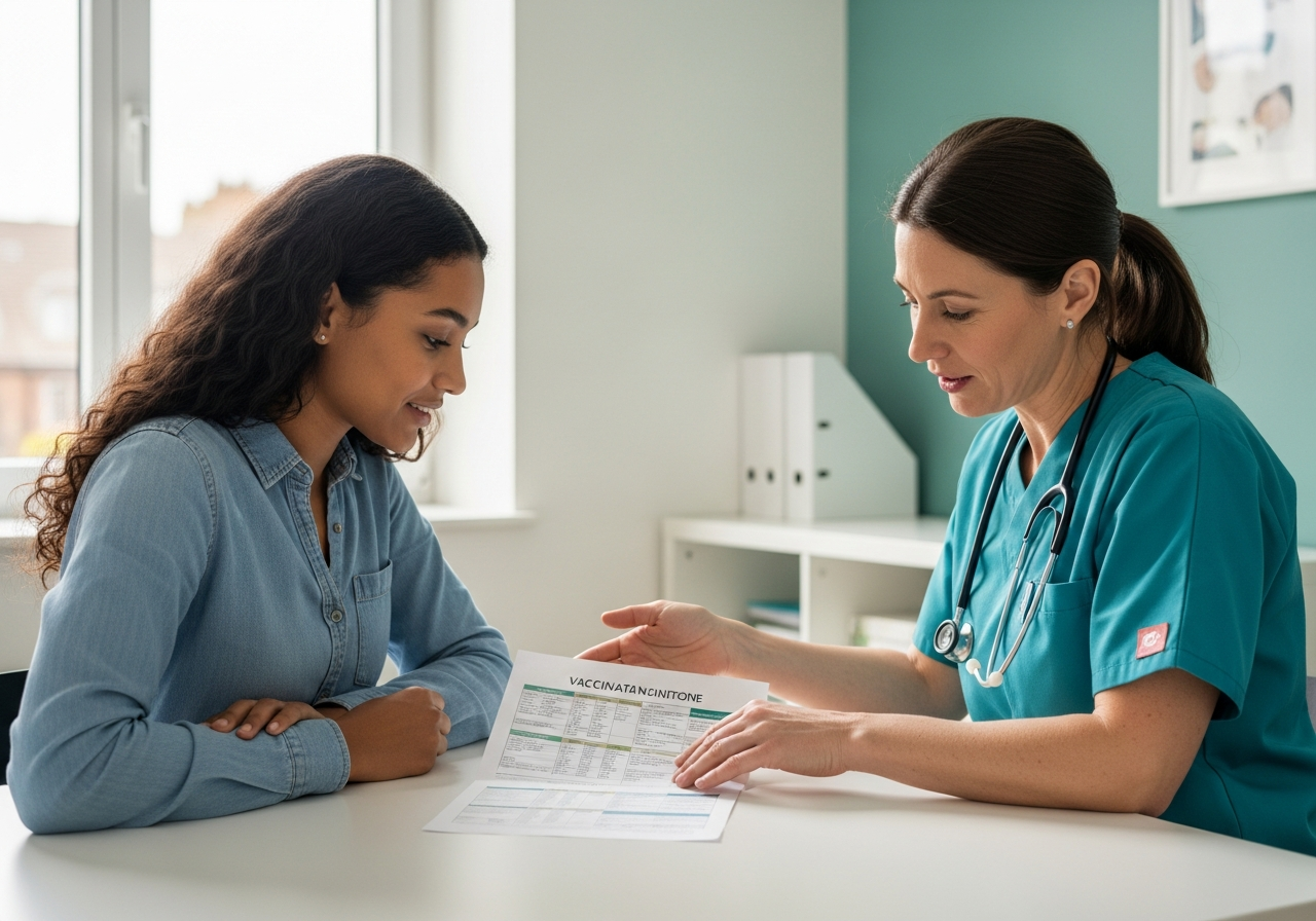 Jeune adulte en consultation avec une sage-femme qui explique le schéma vaccinal HPV sur un document papier