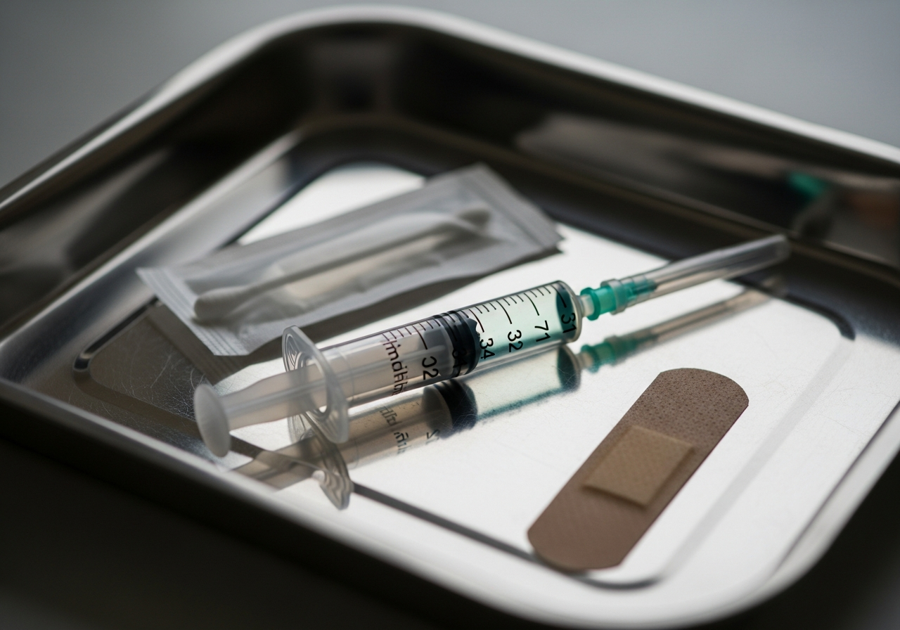 Seringue de vaccin préparée sur un plateau médical aux côtés d'un tampon alcoolisé et d'un pansement adhésif