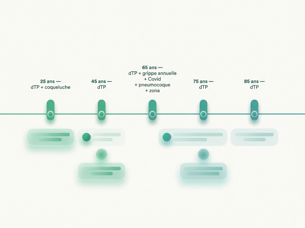 Chronologie horizontale des rappels vaccinaux chez l'adulte : 25, 45, 65 ans puis tous les 10 ans