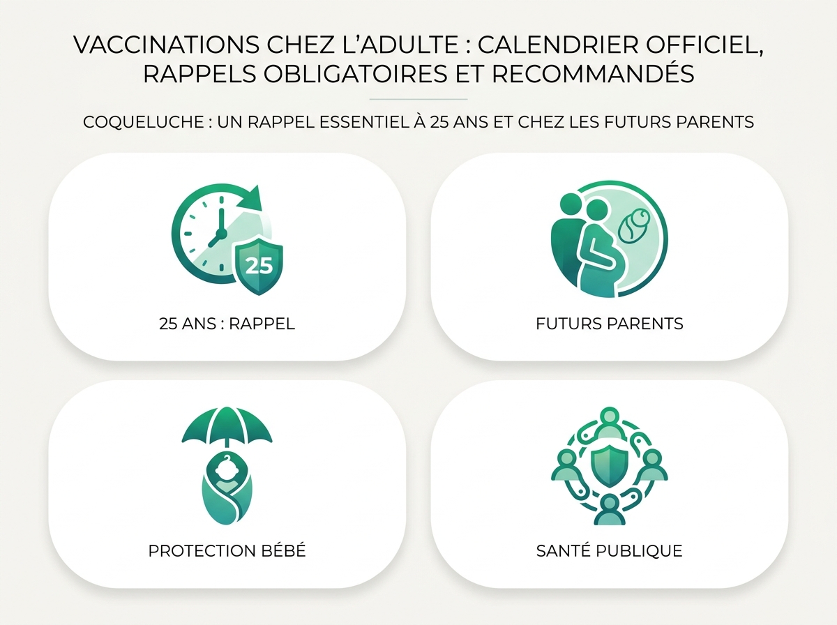Infographie illustrant les points clés de la section « Coqueluche : un rappel essentiel à 25 ans et chez les futurs parents »