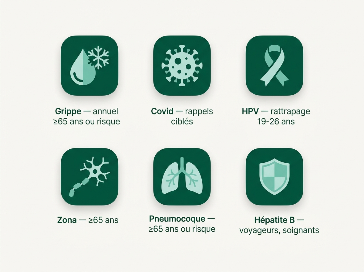 Infographie des vaccinations recommandées chez l'adulte : grippe, Covid, HPV, zona, pneumocoque, hépatite B