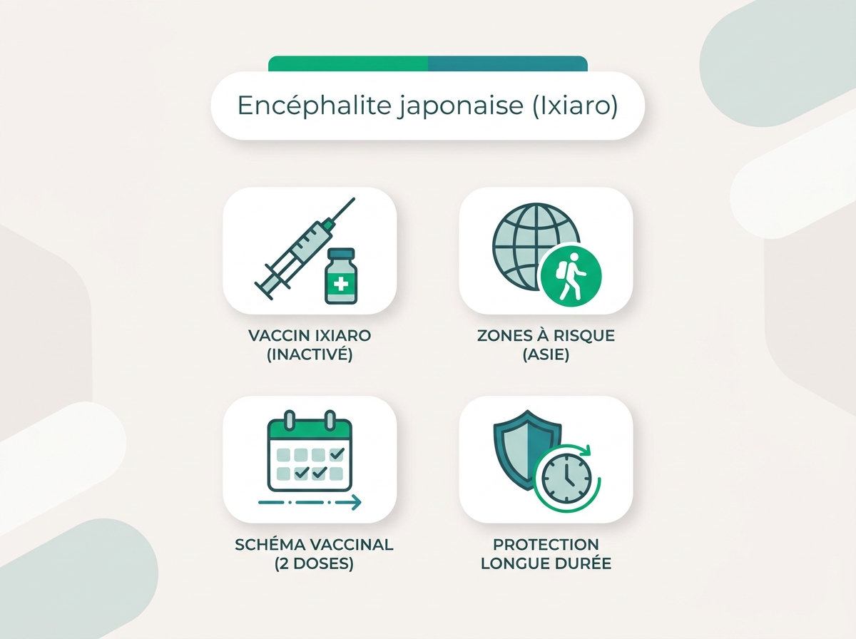 Infographie illustrant les points clés de la section « Encéphalite japonaise (Ixiaro) »