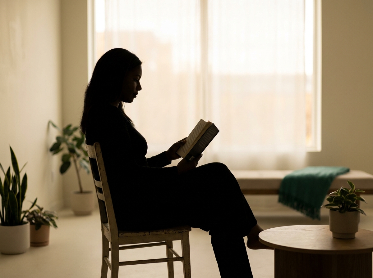 Silhouette d'une adulte assise près d'une grande fenêtre baignée de lumière naturelle douce, contour à contre-jour, ambiance calme matinale