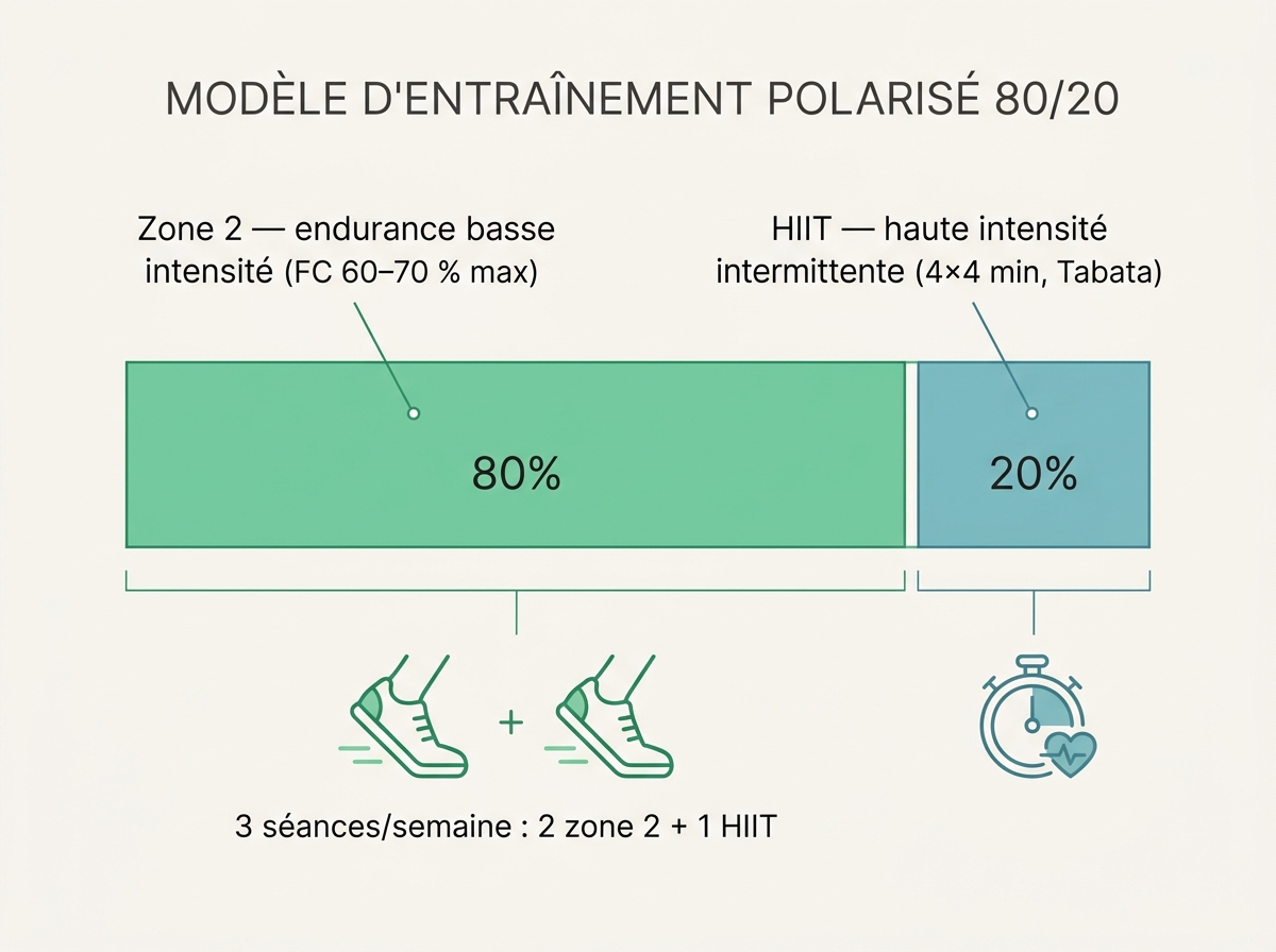 Schéma du protocole 80/20 : endurance zone 2 et séances HIIT pour améliorer le VO2max